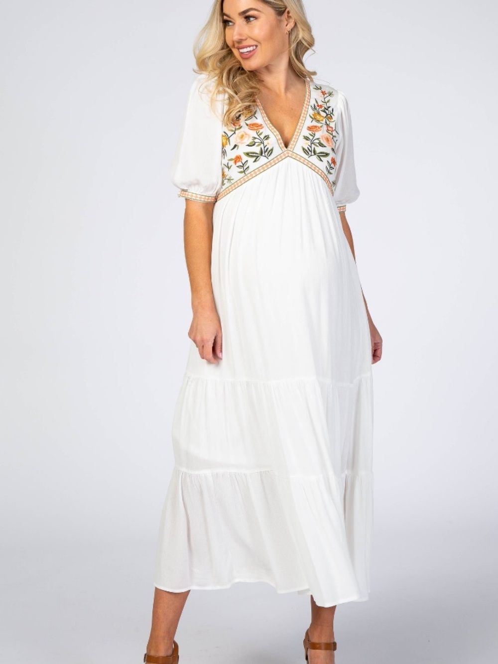 PinkBlush Ivory Floral Embroidered Maternity Midi Dress